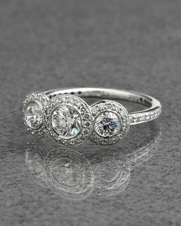 3Ct Round Cut Diamond Accent Halo Trilogy Engagement Ring 14K White Gold Finish