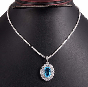 2.7ct Blue Topaz Pendant Oval Cut Diamond Dual Halo 14k White Gold Over NO CHAIN