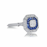 3ct Asscher Cut Diamond Blue Sapphire Halo Art Deco Ring 14k White Gold Finish