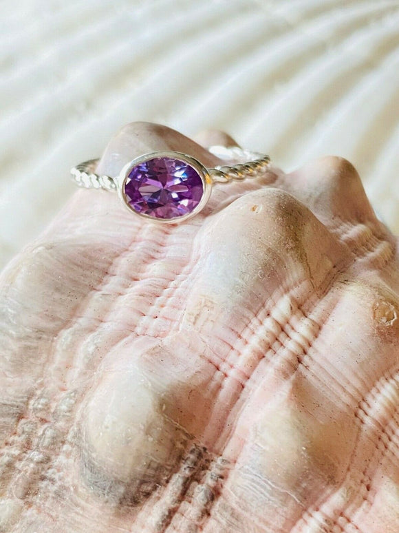 1ct Engagement Ring Oval Purple Amethyst Braided Solitaire 14k White Gold Finish