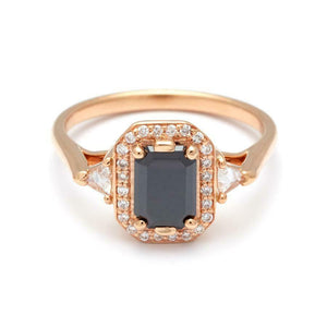 1.7ct Emerald Cut Black Diamond Engagement Ring 14k RoseGold Finish Halo Trilogy