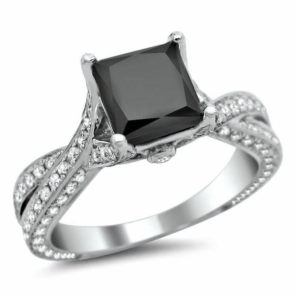 3Ct Princess Cut Black Diamond Split Shank Solitaire Ring 18K White Gold Finish