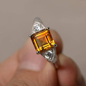 2ct Asscher Yellow Citrine Trilogy Wedding Engagement Ring 14k White Gold Finish