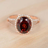 2.4ct Oval Cut Red Garnet Engagement Ring Halo Split Shank 14k Rose Gold Finish