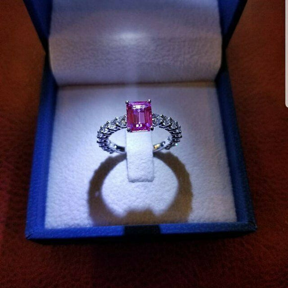 1.5ct Emerald Cut Pink Sapphire Solitaire Engagement Ring 14k White Gold Finish