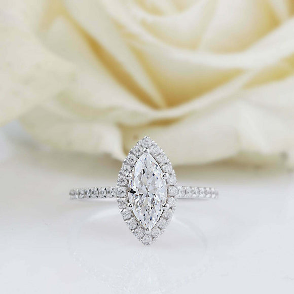 2ct Marquise Cut Diamond Engagement Ring Round Accents Halo 14k WhiteGold Finish