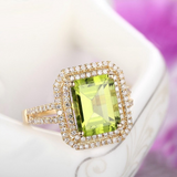 2ct Emerald Cut Green Peridot Double Halo Engagement Ring 14k Rose Gold Finish