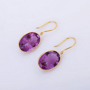 2ct Drop Earrings Oval Cut Amethyst Bezel Set Solitaire 14k Yellow Gold Finish