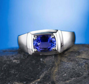 2ct Oval Cut Blue Tanzanite Solitaire Men Engagement Ring 14k White Gold Finish