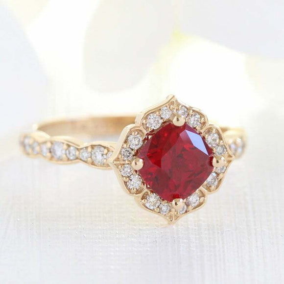 2ct Cushion Cut Pink Ruby Engagement Ring Vintage Floral 14k Yellow Gold Finish