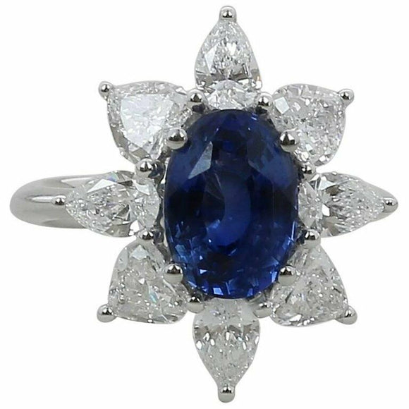 3ct Oval Cut Blue Sapphire Engagement Ring Floral Solitaire 14k WhiteGold Finish