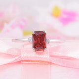 2ct Emerald Cut Red Garnet Engagement Ring Diamond Trilogy 14k White Gold Finish