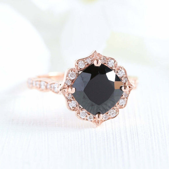 1.7ct Cushion Cut Black Diamond Engagement Ring Vintage Floral 14k RoseGold Over