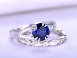 1.2ct Round Cut Blue Sapphire Split Shank Bridal Set Ring 14k White Gold Finish