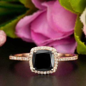 1.5ct Cushion Cut Black Diamond Engagement Ring 14k RoseGold Over Halo Solitaire