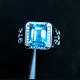 3.5ct Emerald Cut Blue Topaz Diamond Halo Engagement Men Ring 14k WhiteGold Over