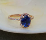 1.9ct Oval Cut Blue Sapphire Engagement Ring Halo 14k Rose Gold Over with Accent