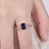 1.3ct Emerald Cut Blue Sapphire Bridal Set Engagement Ring 14k Rose Gold Finish