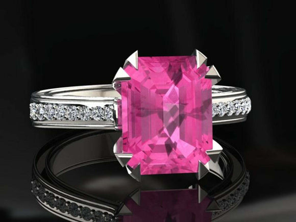 2ct Emerald Pink Sapphire Dual Prong Solitaire Accent Ring 14k White Gold Finish