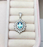 2ct Blue Topaz Pendant Oval Cut Floral Leaf Halo 14k White Gold Finish NO CHAIN