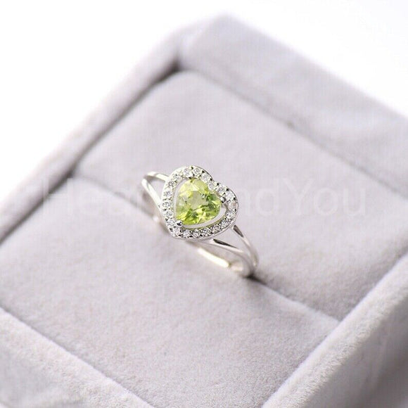 1ct Heart Cut Simulated Green Peridot Halo Engagement Ring 14k White Gold Plated