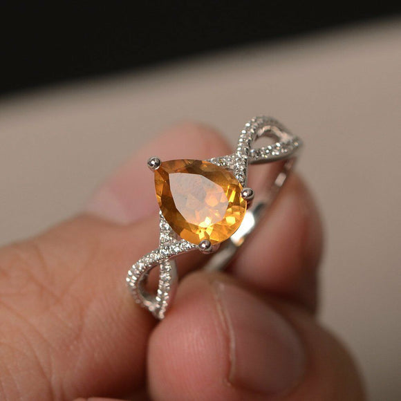 1ct Pear Yellow Citrine Infinity Solitaire Engagement Ring 14k White Gold Finish