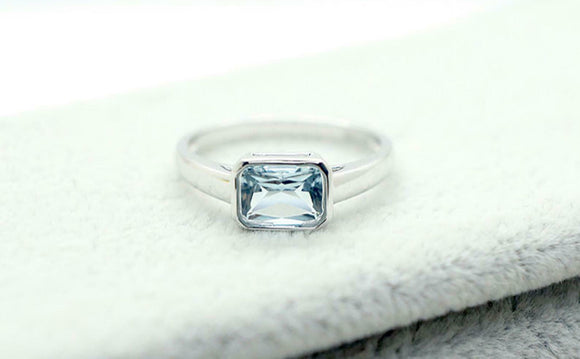 1.2ct Radiant Cut Blue Aquamarine Engagement Ring Solitaire 14k WhiteGold Finish