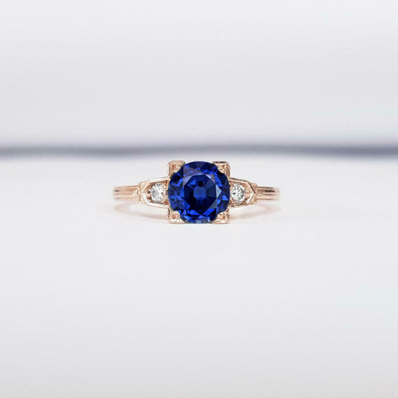 1ct Round Cut Blue Sapphire Trilogy Solitaire Engagement Ring 14k Rose Gold Over