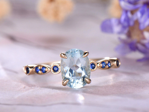 1.5ct Oval Blue Aquamarine Engagement Ring Accent Solitaire 14k Yellow Gold Over