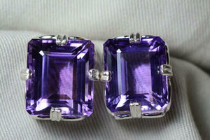 5ct Stud Earrings Emerald Cut Purple Amethyst Solitaire 14k White Gold Finish