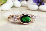 1.3ct Oval Cut Green Emerald Diamond Accent Trilogy Ring 14k Rose Gold Finish