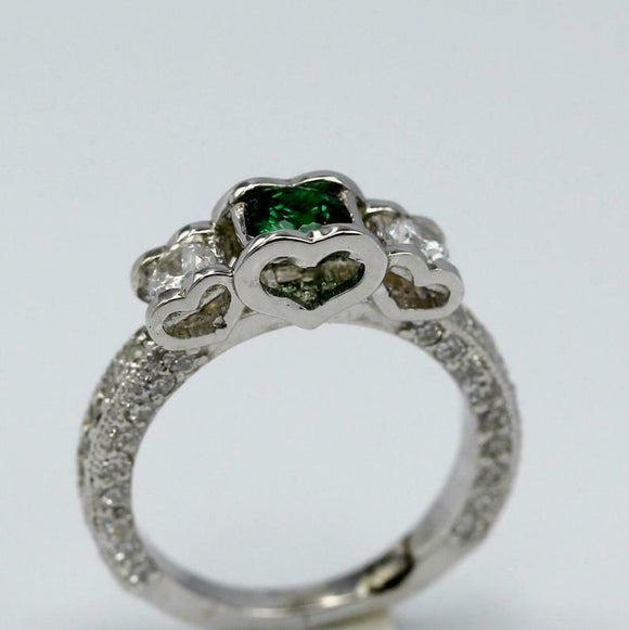 1.5ct Round Cut Green Emerald Milgrain Diamond Accent Ring 14k White Gold Finish