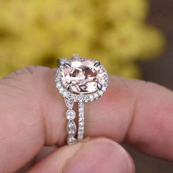 2.2ct Oval Cut Morganite Bridal Set Vintage Band Halo Ring 14k White Gold Finish