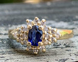 2.5ct Engagement Ring Oval Cut Blue Sapphire Cluster 14k Yellow Gold Finish