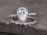 3ct Pear Cut Diamond Vintage Bridal Wedding Set Band Ring 14k White Gold Finish