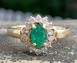 3ct Engagement Ring Oval Cut Emerald Vintage Inspired Halo 14k YellowGold Finish