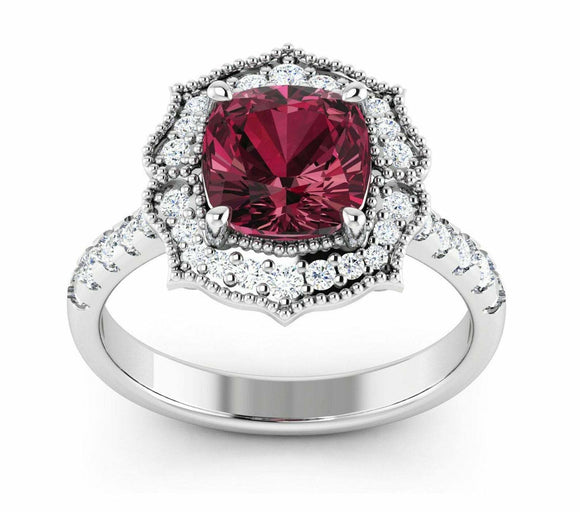 2ct Cushion Red Garnet Milgrain Floral Halo Engagement Ring 14k White Gold Over