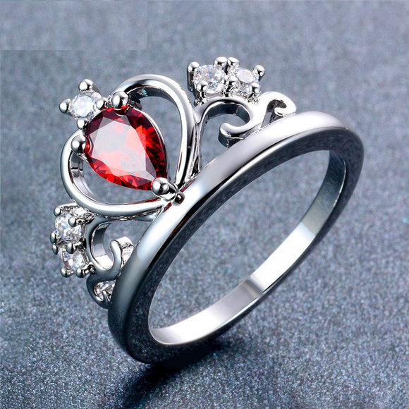 2ct Pear Cut Red Garnet Engagement Ring 14k White Gold Finish Heart Shape Crown