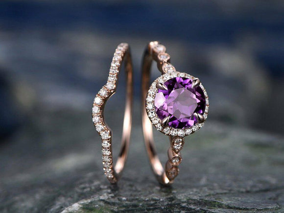 2Ct Round Cut Purple Amethyst Bridal Set Halo Engagement Ring 14K Rose Gold Over