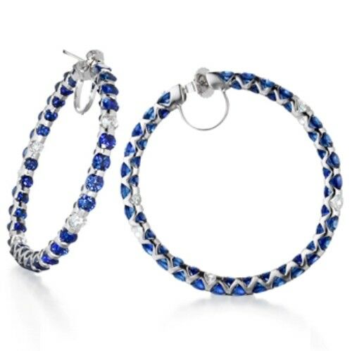 4Ct Round Cut Blue Sapphire Diamond Inside Out Hoop Earrings 18K White Gold Over