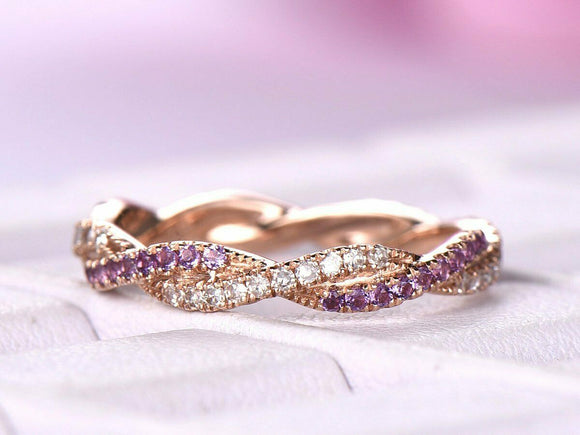 1ct Round Cut Purple Amethyst Wedding Band Twisted Infinity 14k Rose Gold Finish