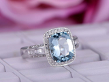 2.8ct Cushion Cut Blue Aquamarine Diamond Accent Halo Ring 14k White Gold Finish