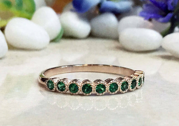 1.2ct Wedding Band Round Green Emerald Milgrain Stackable 14k Yellow Gold Finish