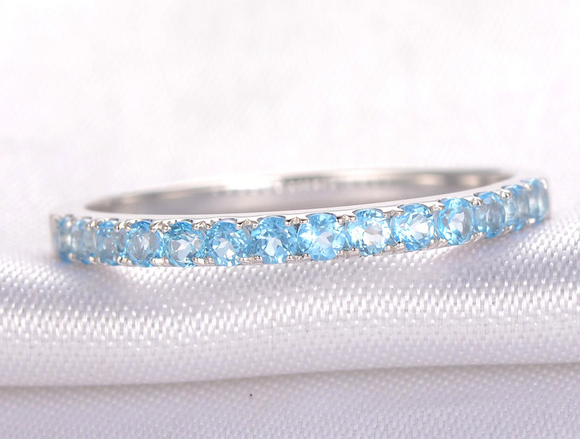 2ct Round Cut Blue Topaz Wedding Band Stackable Half Eternity 14k WhiteGold Over