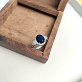 2ct Engagement Ring Oval Cut Blue Sapphire Round Accent Halo 14k White Gold Over