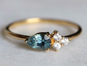 1ct Pear Cut Blue Aquamarine Diamond Petite Minimalist Ring 14k Yellow Gold Over