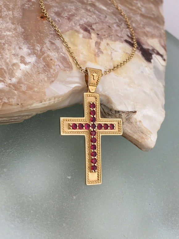 1ct Round Cut Pink Ruby Pendant with Chain Milgrain Cross 14k Yellow Gold Finish