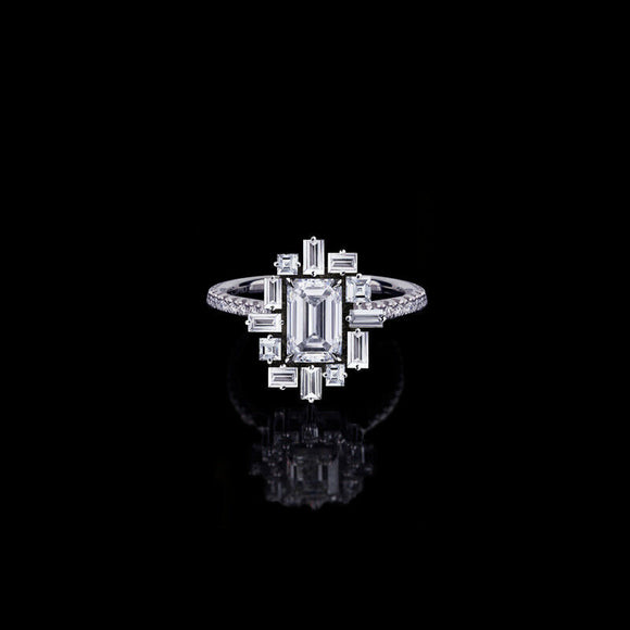 2ct Emerald Diamond Baguette Halo Art Deco Engagement Ring 14k White Gold Finish