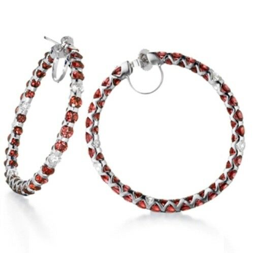 4Ct Round Cut Red Garnet Diamond Inside Out Hoop Earrings 18K White Gold Finish