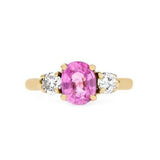 2ct Oval Cut Pink Sapphire Engagement Ring Diamond Trilogy 14k YellowGold Finish